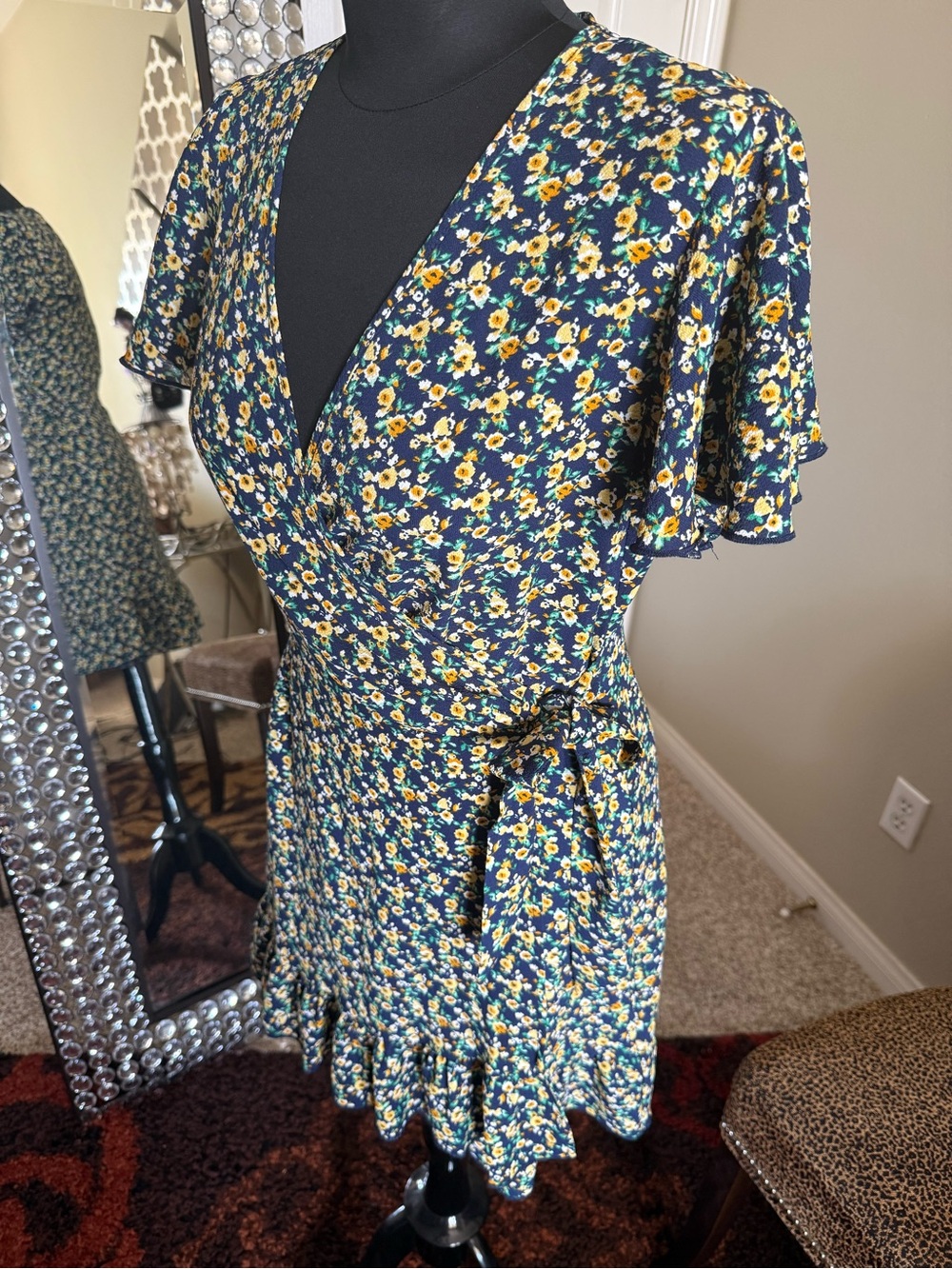 Navy Floral Wrap Mini Dress with Yellow Blossoms and Flutter Sleeves